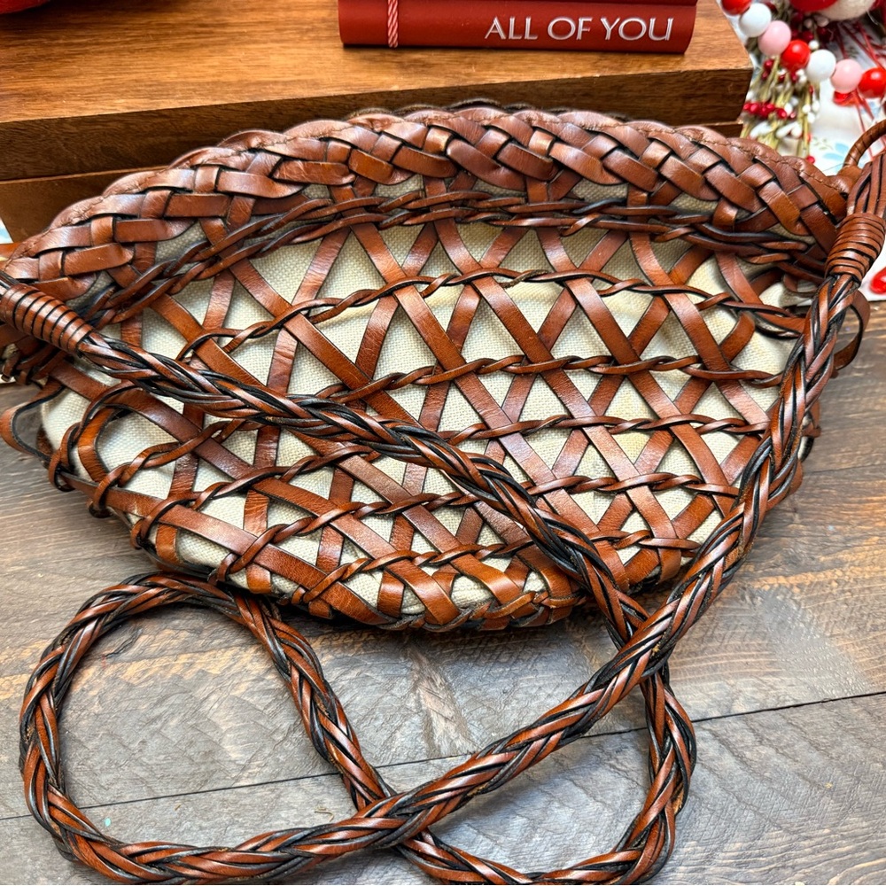 Vintage brown BONANI Basket Weave Leather Crossbody Shoulder Bag Purse - Picture 1 of 12